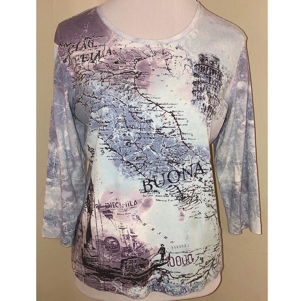 Y2K Era Italia Printed 3/4 Sleeve Embellished Tee, nicki by Nicole Miller, Sz Lg
